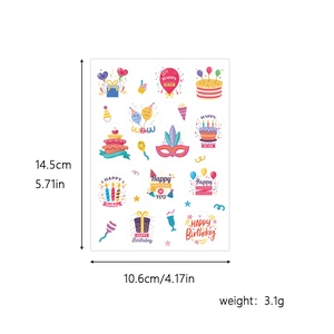 Cartoon birthday party sticker set with cake and balloon designs including dimensions