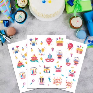 Set of 3 cartoon birthday stickers with cakes and balloons for party gift envelopes