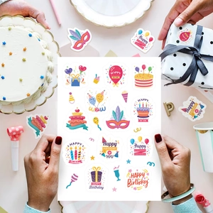 Cartoon birthday party sticker sheet featuring colorful cakes and balloons for gift decor