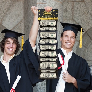 Caja de regalo Congrats Grad negra y dorada con 10 ranuras para dinero de graduación