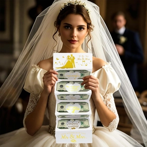 White gold-stamped wedding money holder card with five layers and creative heart designs