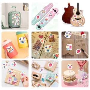 Colorful birthday party stickers shown on suitcase, guitar, and gift boxes for decoration