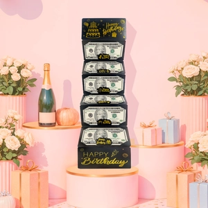 Caja de regalo negra y dorada Happy Birthday con ranuras para dinero para cumpleaños