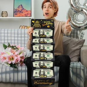 Caja de dinero negra y dorada Happy Birthday con billetes de juguete para regalo de fiesta