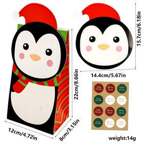 Christmas penguin paper gift bag set with festive stickers and detailed size dimensions