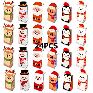 Set of 24 Christmas paper gift bags featuring reindeer, snowman and santa designs