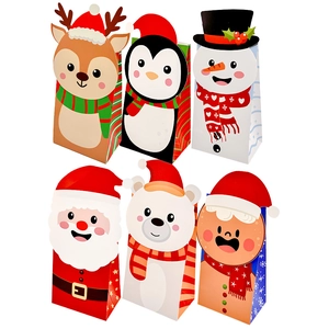 Set of six Christmas themed paper bags featuring reindeer, snowman, and Santa designs