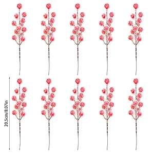 Set of 10 artificial frosted Christmas red berry stems with snow finish, 20.5cm height