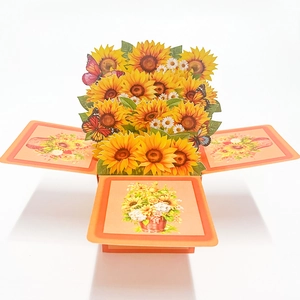 3D pop-up greeting card featuring vibrant sunflowers and butterflies on a white background