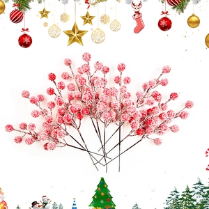 Artificial red Christmas berry branch with faux snow for festive winter home decoration