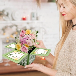 3D pop-up green flower gift box card featuring blooming pink roses and geometric pattern