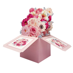 Detailed 3D pop-up greeting card featuring a lush pink rose and purple carnation bouquet