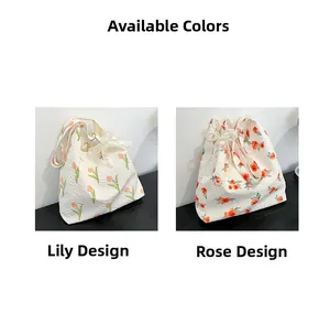 Detailed close-up of textured fabric tote bags with floral patterns and pearl bow charms