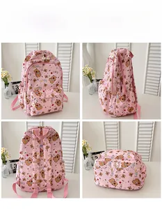 Detailed four-way views of a pink cartoon bear backpack with waterproof nylon fabric