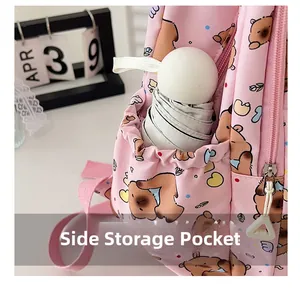 Detailed side pocket view of pink cartoon backpack holding a small folding umbrella