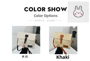 Detail view of straw crossbody bags in beige and khaki showing woven texture and flap buckle