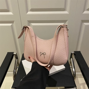 Women Vintage Woven Shoulder Bag With Metallic Bow Decoration French Style Half Moon Underarm Bag Fashion Casual PU Hobo Bag