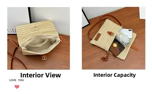 Detail view showing internal storage for phone and umbrella in straw messenger bag