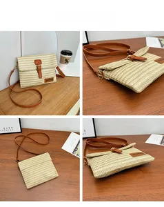 Detail view of woven straw crossbody bag with brown leather strap and decorative buckle