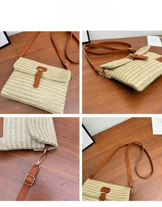 Detail view of woven straw crossbody bag featuring leather straps and gold-tone hardware