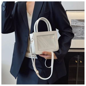 Detail of white mini handbag with transparent PVC panel and golden metal hardware