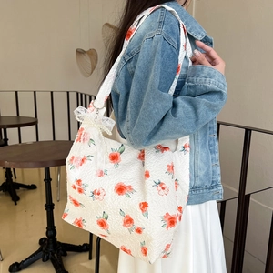 Women Large Capacity Tote Bag Sweet Floral Jacquard Shoulder Bag Rose Tulip Print With Lace Artificial Pearl Bow Decor Casual Handbag