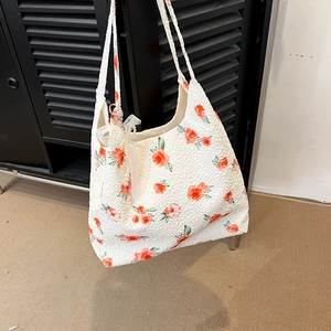 Floral rose print large fabric tote bag with elegant white lace bow and pearl pendant