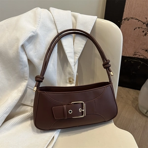 PU Leather Underarm Baguette Bag For Women With Gold Metal Buckle And Knot Shoulder Strap Retro Fashion Minimalist Chic