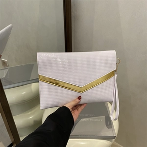 Women Fashion Wave Texture Envelope Clutch Bag With Gold V-Metal Trim PU Leather Wristlet Evening Banquet Handbag