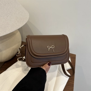 Women Shoulder Bag PU Leather Elegant Gold Bow Metal Decor Small Square Crossbody Bag Retro Korean Style Flip Cover