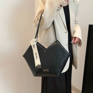 Black woven texture tote bag with lettered strap and V-shaped opening for women