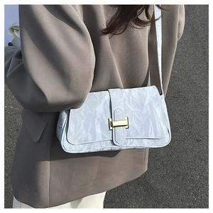 Macro detail of the light blue wrinkled texture leather and gold metal clasp on baguette bag