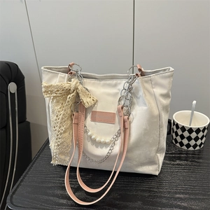 Women Large Capacity White Canvas Tote Bag Sweet Pink Strap Artificial Pearl Chain Lace Bow Korean Style Casual Shoulder Bag Jewelry
