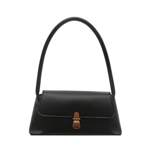 Retro black baguette bag with matte PU leather and vintage bronze buckle closure