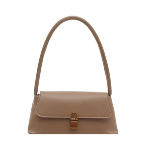 Brown leather baguette underarm bag with bronze buckle lock and long shoulder strap