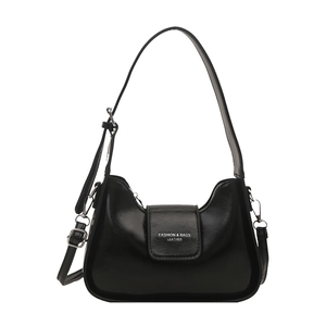 Minimalist black glossy leather baguette bag with silver buckle and dual shoulder straps