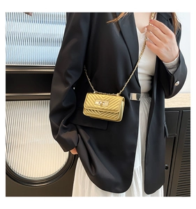 Detail of gold chevron quilted mini crossbody bag with metal chain and turn-lock