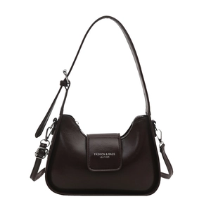 Minimalist deep brown crescent underarm bag with adjustable strap and silver hardware
