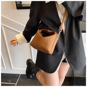 Detailed view of a brown woven texture crossbody bag with gold hardware worn by a model