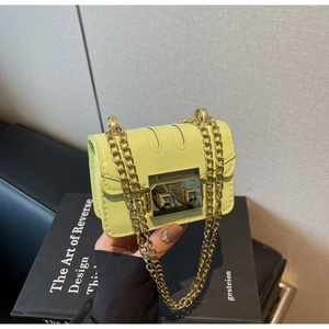 Détail du mini sac en cuir PU vert clair avec boucle métallique et chaîne dorée