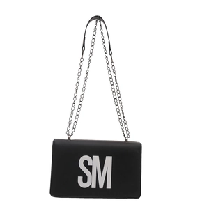 Classic black square shoulder bag with white SM letters and silver chain strap detail