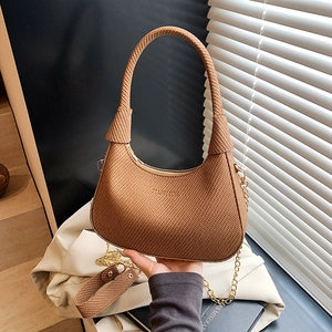 Women Woven Texture Underarm Bag Half Moon Hobo Shoulder Bag With Gold Metal Chain PU Leather Casual Crossbody Handbag