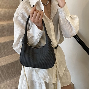 Large capacity black crescent hobo bag with woven texture and gold chain strap