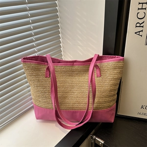 Women Summer Straw Woven Patchwork Tote Bag Large Capacity Braided Shoulder Bag Fashion Beach Handbag Urban Minimalist Style