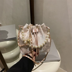 Elegant New Chinese Style Satin Embroidery Bucket Bag Artificial Pearl Handle Women Vintage Jacquard Drawstring Shoulder Crossbody Bag