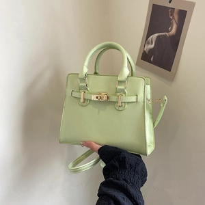 Minimalist light green leather handbag with gold twist lock and adjustable strap