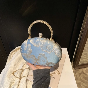 Vintage Floral Embroidery Evening Bag Chinese Style Satin Clutch With Rhinestone Clasp Metal Handle Chain For Women