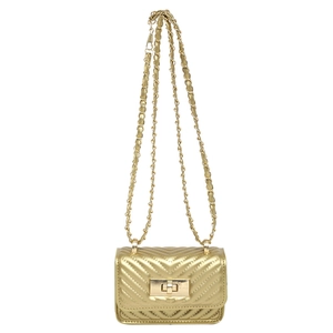 Elegant gold quilted mini crossbody bag with V-shaped texture and metal chain strap
