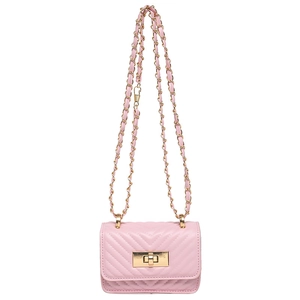 Pink quilted crossbody bag with gold chain strap and square turn-lock closure