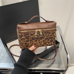 Sac Carré en Cuir PU Imprimé Léopard pour Femmes Petit Sac Boîte Double Fermeture Éclair Or Sac Bandoulière Accessoire de Mode Street